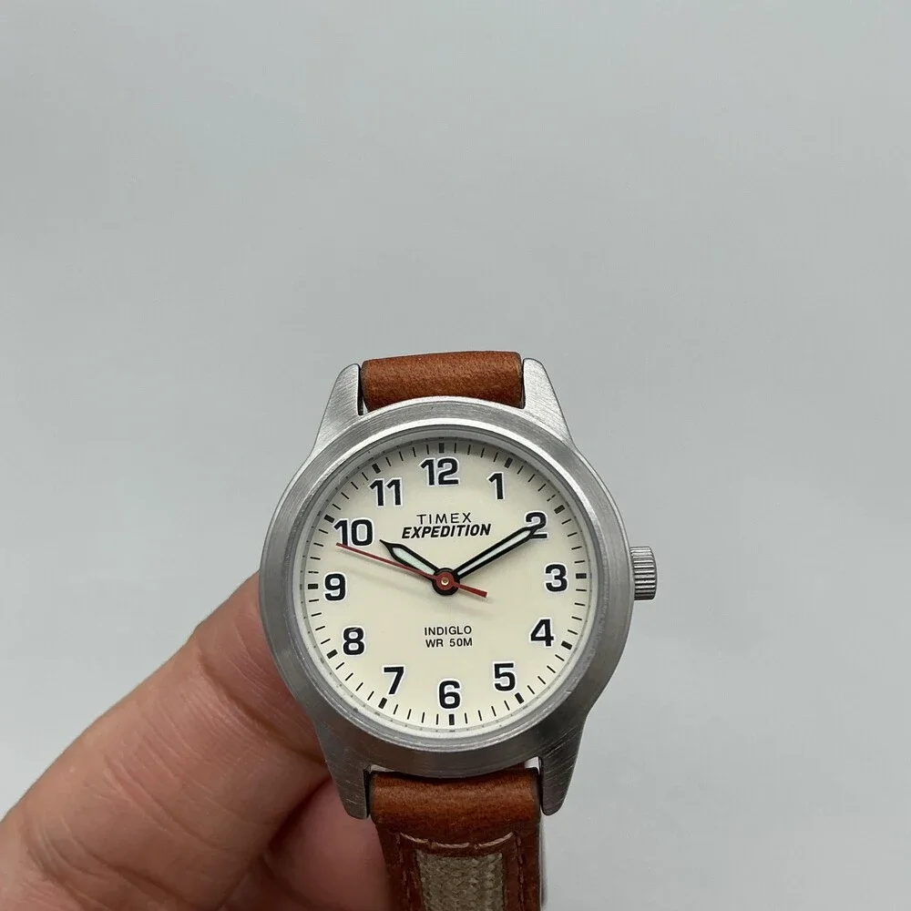 Timex Expedition Indiglo Womens Watch 26mm Cream Dial Brown Leather New Battery